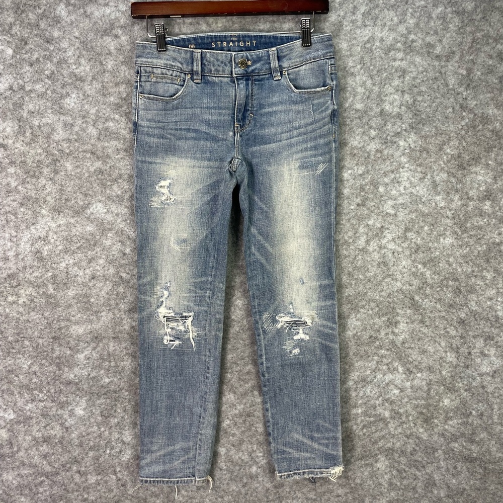 White House Black Market Straight Jeans Womens 00 Blue Distressed Crop Denim.